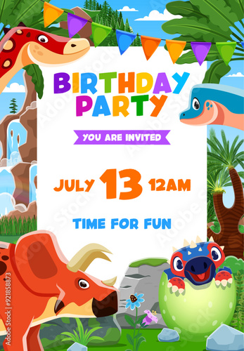 Kids birthday party flyer with funny dinosaurs and baby dino in egg vector background frame. Cartoon cute ankylosaurus, arrhinoceratops and antarctosaurus dinosaurs characters, dino party invite flyer