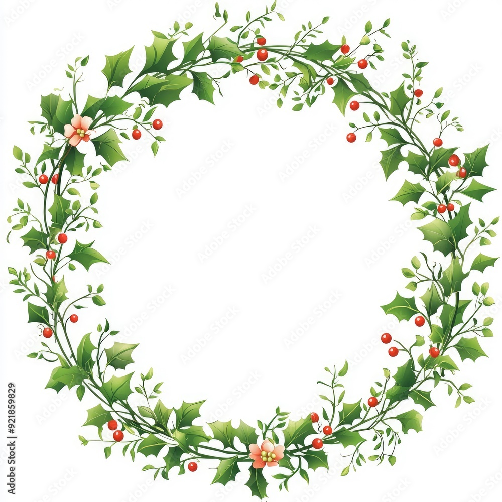 Christmas Holly Wreath with Berries and Flowers Christmas Holly Wreath with Berries and Flowers