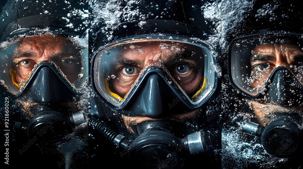 A series of close-up portraits of deep-sea divers, with water droplets and diving masks, captured as they emerge from the depths.
A series of close-up portraits of deep-sea divers, with water droplets and diving masks, captured as they emerge from the depths.