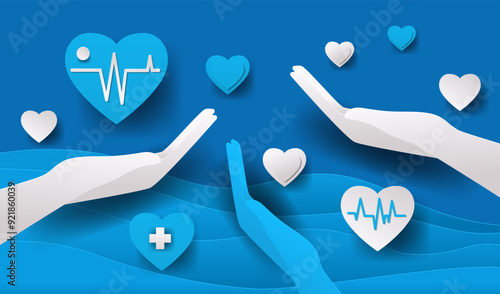 Healthcare hands holding hearts medical theme. Blue background with white and blue hearts hands supporting healthcare symbols waves design. Paper cut style