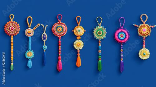 Raksha Bandhan Collection: Assortment of rakhis for Rakhi festivities, showcasing a range of vibrant designs. Indian Raksha Bandhan theme displayed on a blue background, perfect for social media posts photo