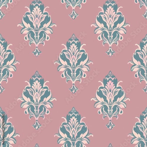 Seamless pattern of Victorian-era damask patterns in antique mauve and teal