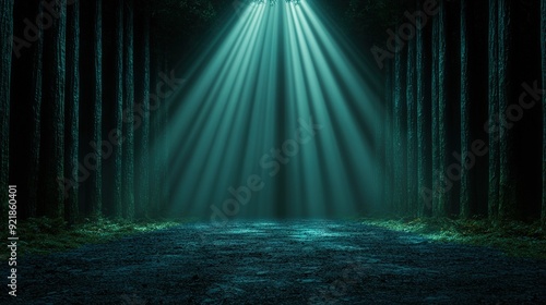  A dense forest bathed in sunlight streaming down from above through a beam in the center