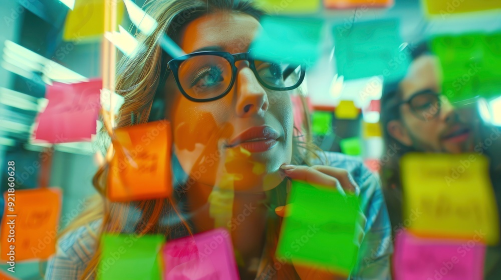 Obraz premium A Cheerful Businesswoman And Her Colleagues Enthusiastically Look At Sticky Notes On A Glass Wall In The Office