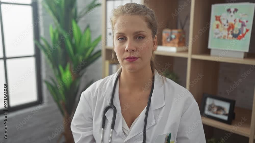 A confident young adult woman in medical attire with a stethoscope stands in a modern clinic. A confident young adult woman in medical attire with a stethoscope stands in a modern clinic.