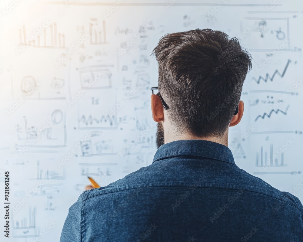 A man analyzing data charts on a whiteboard, showcasing strategic planning and business growth insights. A man analyzing data charts on a whiteboard, showcasing strategic planning and business growth insights.