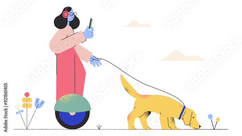 Girl walking the dog using hoverboard
