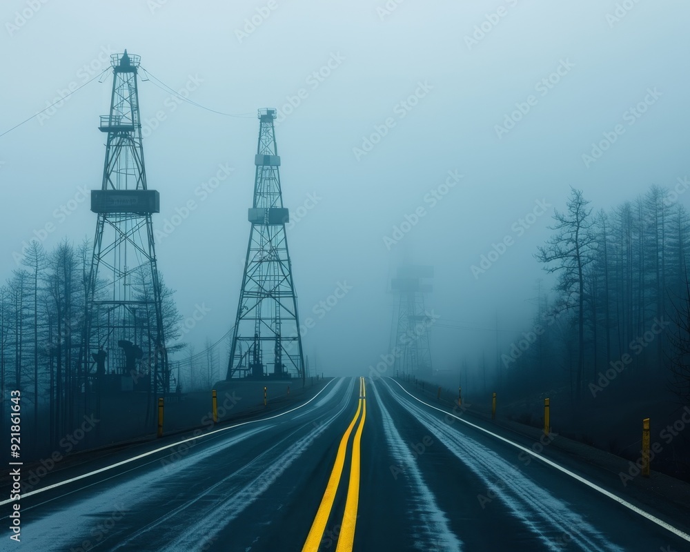 Naklejka premium A misty road leads through a foggy landscape, framed by towering structures and barren trees, evoking a sense of mystery.