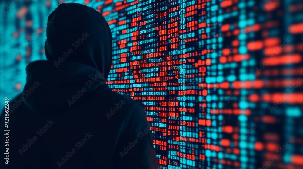 A mysterious figure in a hoodie stands before a digital matrix of vibrant code, representing technology and cyber security themes. A mysterious figure in a hoodie stands before a digital matrix of vibrant code, representing technology and cyber security themes.