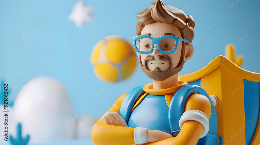 3D Flat Icon of Athlete with Sports Gear and Shield for Insurance Ads on Dreamy Background 3D Flat Icon of Athlete with Sports Gear and Shield for Insurance Ads on Dreamy Background