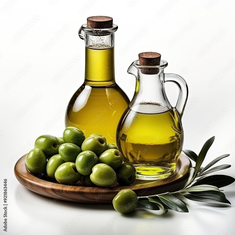 Olive Oil Bottle and Green Olives on Clean White Background Olive Oil Bottle and Green Olives on Clean White Background