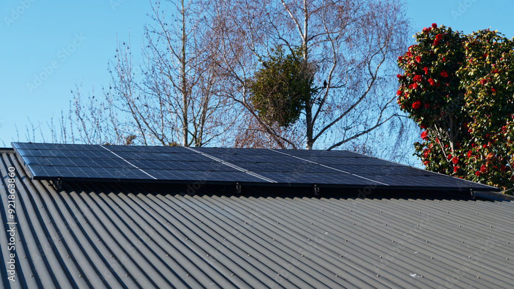 Clean, green energy is provided by solar panels are mounted on a corrugated iron roof Clean, green energy is provided by solar panels are mounted on a corrugated iron roof