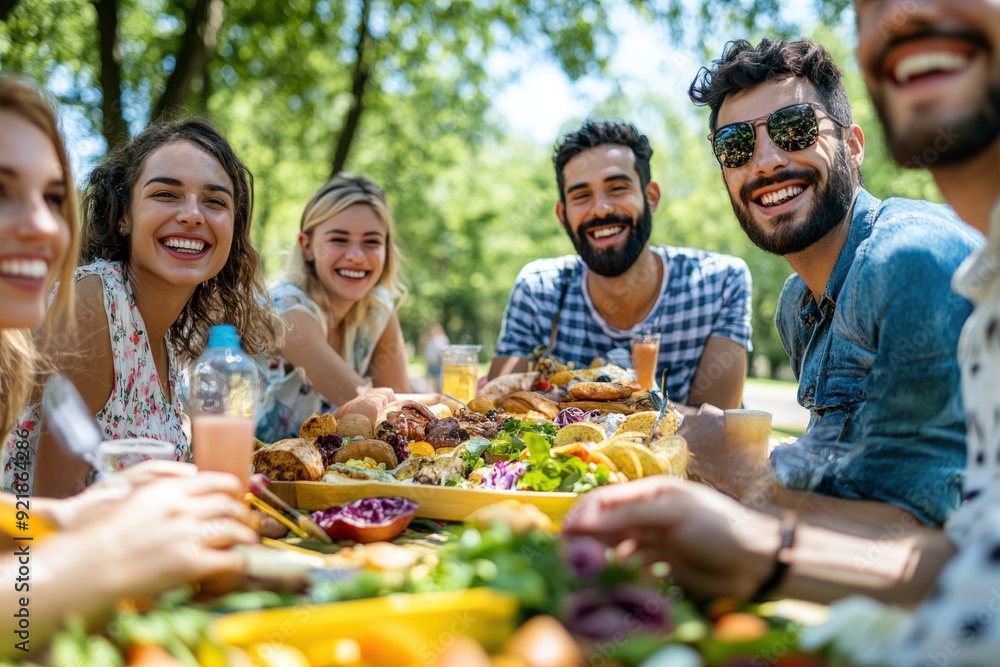 A cheerful group of friends sharing a meal outdoors in a beautiful park, surrounded by a variety of delicious food and drinks, and enjoying the warm sunny weather. A cheerful group of friends sharing a meal outdoors in a beautiful park, surrounded by a variety of delicious food and drinks, and enjoying the warm sunny weather.