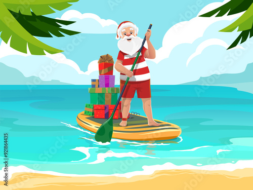 Santa in stripe shirt on SUP paddleboard with Christmas gifts and paddle, vector Xmas holidays, vacation, travel. Cartoon Santa Claus character in retro swimsuit surfing on summer beach with surfboard