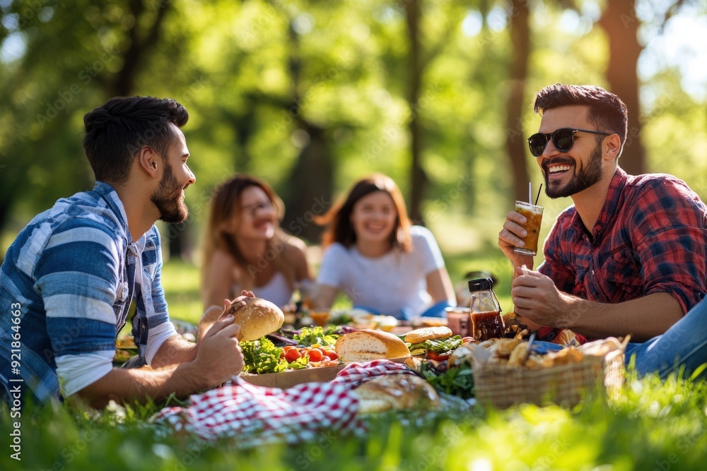 Friends enjoying a relaxed picnic in the park, sitting on the grass and sharing food, while chatting and laughing, with trees and nature in the background. Friends enjoying a relaxed picnic in the park, sitting on the grass and sharing food, while chatting and laughing, with trees and nature in the background.