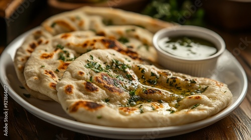 Indian specialty flatbread, also called naan or tandoori butter kulcha, is served in a quarter-plate made of white ceramic. photo