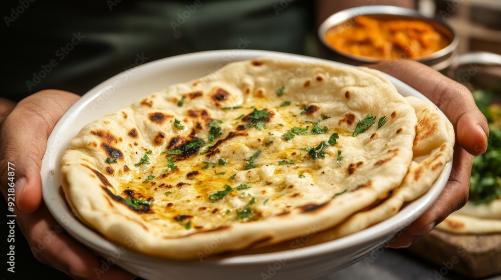 Indian specialty flatbread, also called naan or tandoori butter kulcha, is served in a quarter-plate made of white ceramic. Indian specialty flatbread, also called naan or tandoori butter kulcha, is served in a quarter-plate made of white ceramic.