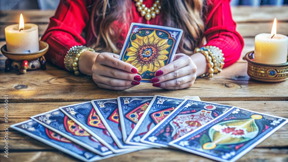 Naklejka premium Fortune Teller Female Hands Holding Tarot Cards on Wooden Table