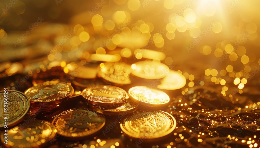 Bitcoin Crypto Money and Gold Coins in Warm Light with Glitter Bitcoin Crypto Money and Gold Coins in Warm Light with Glitter