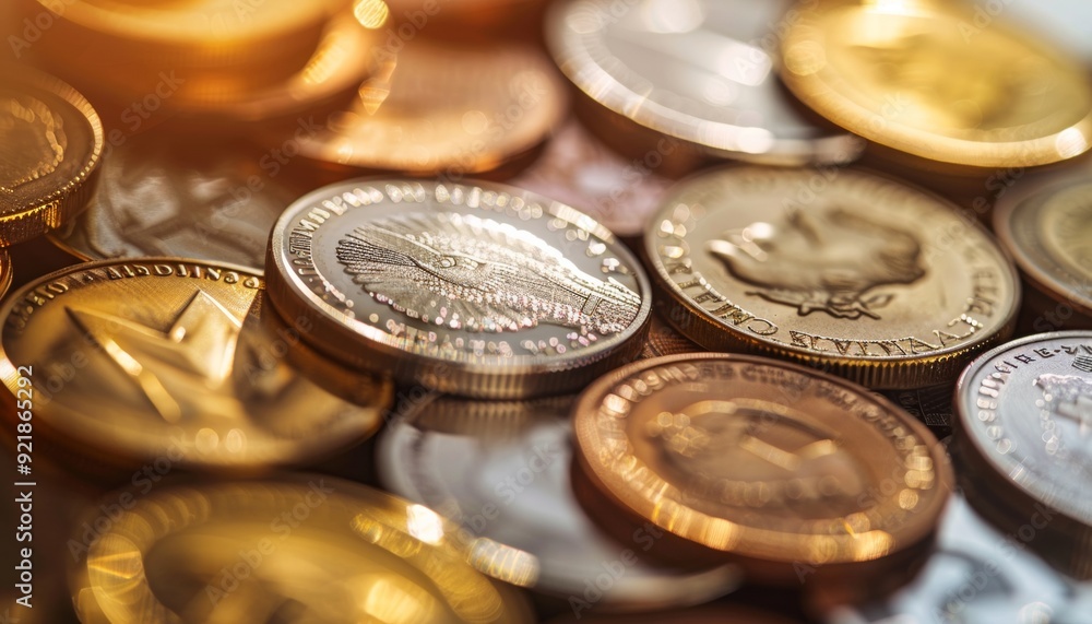 Money Coins Close-Up with Various Currencies and Blurred Background Money Coins Close-Up with Various Currencies and Blurred Background