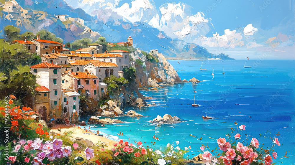 Fototapeta premium Mediterranean landscape with a small town, sea, flowers, oil painting style, summer seascape