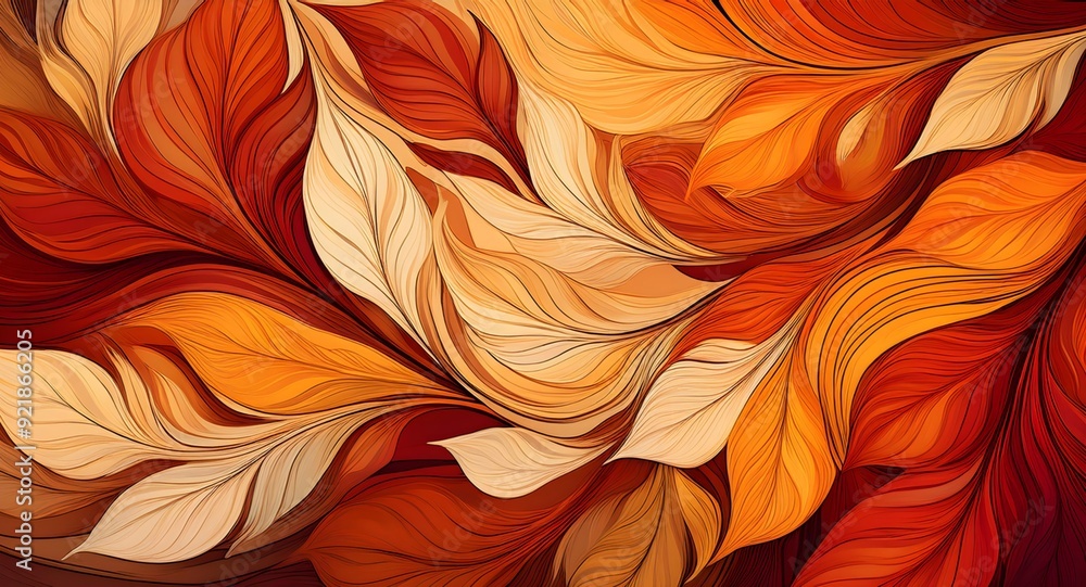 An abstract representation of autumn leaves swirling in a dynamic pattern of warm hues. Shades of orange, red, and gold blend and overlap, creating a vibrant, energetic composition. Style-65 An abstract representation of autumn leaves swirling in a dynamic pattern of warm hues. Shades of orange, red, and gold blend and overlap, creating a vibrant, energetic composition. Style-65