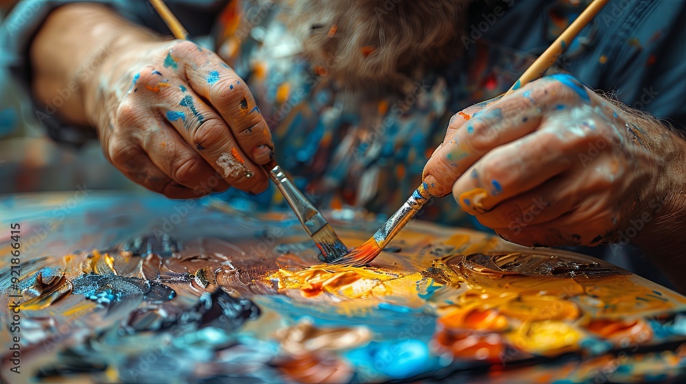 Obraz premium hands of a person A professional artist working on a painting