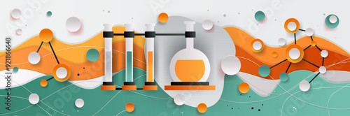 Laboratory equipment with test tubes and molecular structures colorful abstract background paper cut style