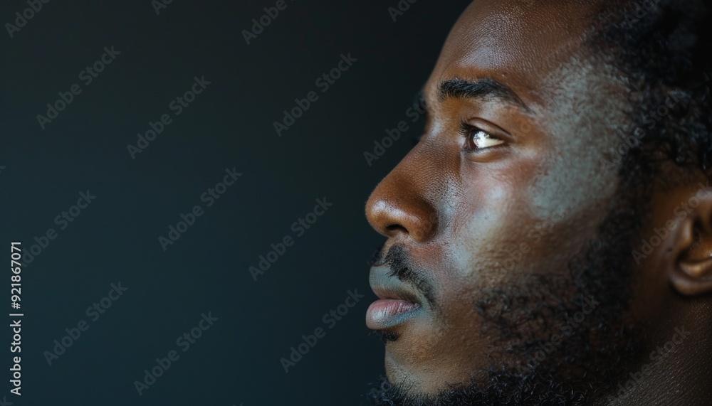 Obraz premium Side Portrait of African American Man Staring, Thoughtful Expression