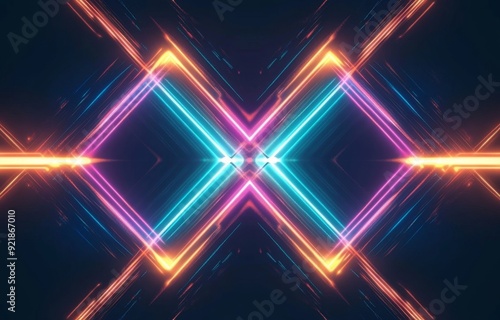 Abstract futuristic background with neon lines and shapes. Multi-colored glow, blurred lights, bokeh. Empty stage.