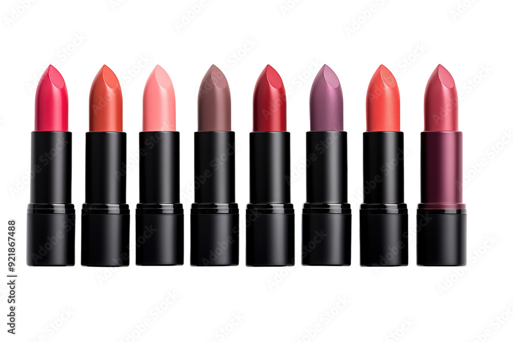 A Vibrant Array of Luxurious Lipsticks Displayed on a Polished Vanity Table in a Chic Beauty Studio on White or PNG Transparent Background. A Vibrant Array of Luxurious Lipsticks Displayed on a Polished Vanity Table in a Chic Beauty Studio on White or PNG Transparent Background.