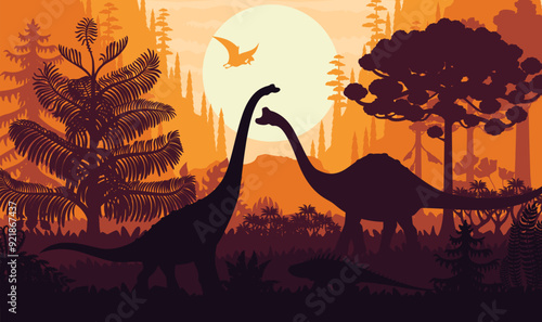 Prehistoric dinosaur silhouettes on sunset vector background with jurassic forest trees, plants and setting sun. Brachiosaurus, pelorosaurus, tapejara and shansisuchus dinosaur animals silhouettes
