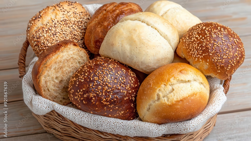 A variety of breads and rolls in a basket, Traditional Thanksgiving Bread, showcasing the different types of homemade bread served during the meal A variety of breads and rolls in a basket, Traditional Thanksgiving Bread, showcasing the different types of homemade bread served during the meal