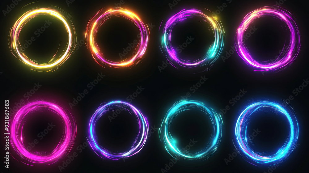 Set of glowing neon color circles with curved, wavy dynamic lines, isolated on a black background. Technology concept featuring circular light frames or borders. Suitable for use as badges, price tags Set of glowing neon color circles with curved, wavy dynamic lines, isolated on a black background. Technology concept featuring circular light frames or borders. Suitable for use as badges, price tags