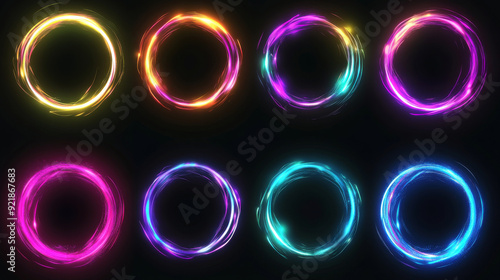 Set of glowing neon color circles with curved, wavy dynamic lines, isolated on a black background. Technology concept featuring circular light frames or borders. Suitable for use as badges, price tags