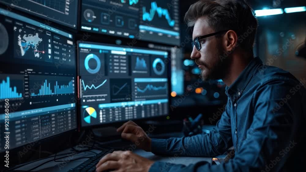Business analyst using financial software on a computer, illustrating the use of technology in finance. Business analyst using financial software on a computer, illustrating the use of technology in finance.