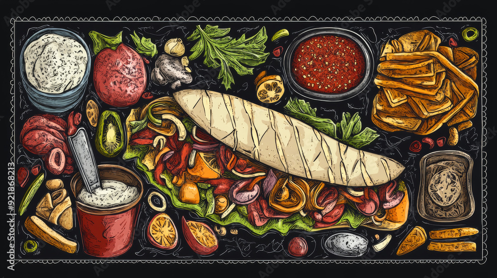 Doner, shawarma, kebab, and durum, depicted as Caucasian street food in ...