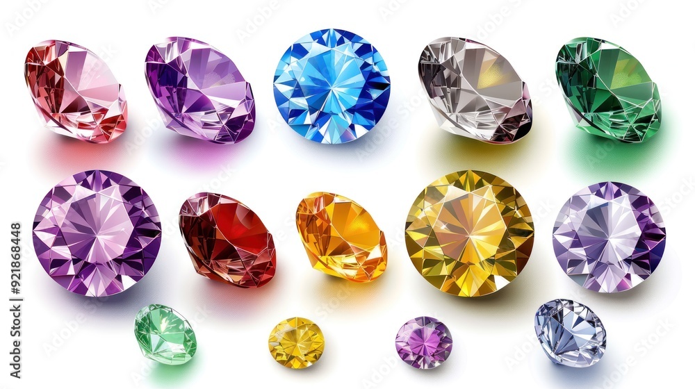 Set of colorful shiny diamond shaped gemstones, isolated on white background. Vector. Set of colorful shiny diamond shaped gemstones, isolated on white background. Vector.