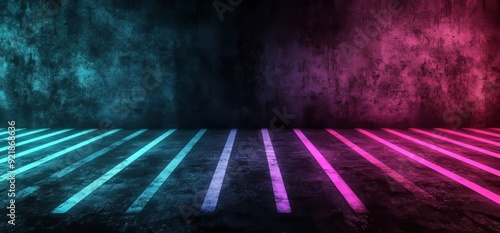 Futuristic Sci-Fi Abstract Blue And Purple Neon Light Shapes On Black Background And Reflective Concrete With Empty Space For Text 3D Render