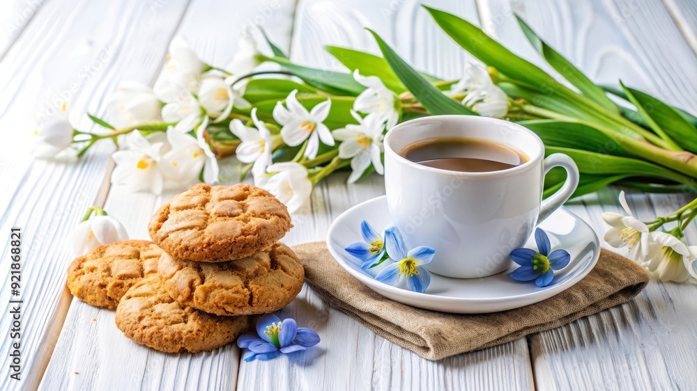 Coffee, Cookies and Spring Flowers on White Wooden Table. Coffee, Cookies and Spring Flowers on White Wooden Table.