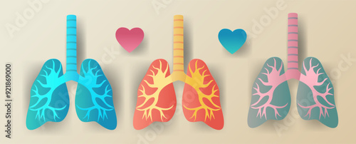 Lungs anatomy concept three colorful lungs with hearts paper cut style medical theme pastel background