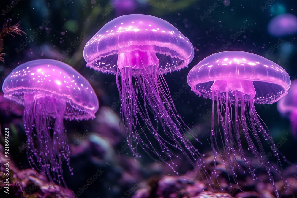 A captivating underwater scene featuring three glowing purple jellyfish gracefully floating in the dark depths of the ocean. A captivating underwater scene featuring three glowing purple jellyfish gracefully floating in the dark depths of the ocean.