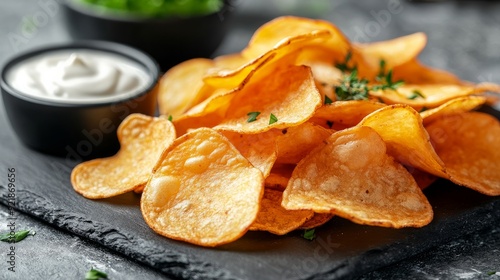 Side view of heap of potato chips with creamy white dipping sauce on black slate serving board on grey plaster table. Easy and Delicious Snack Bar