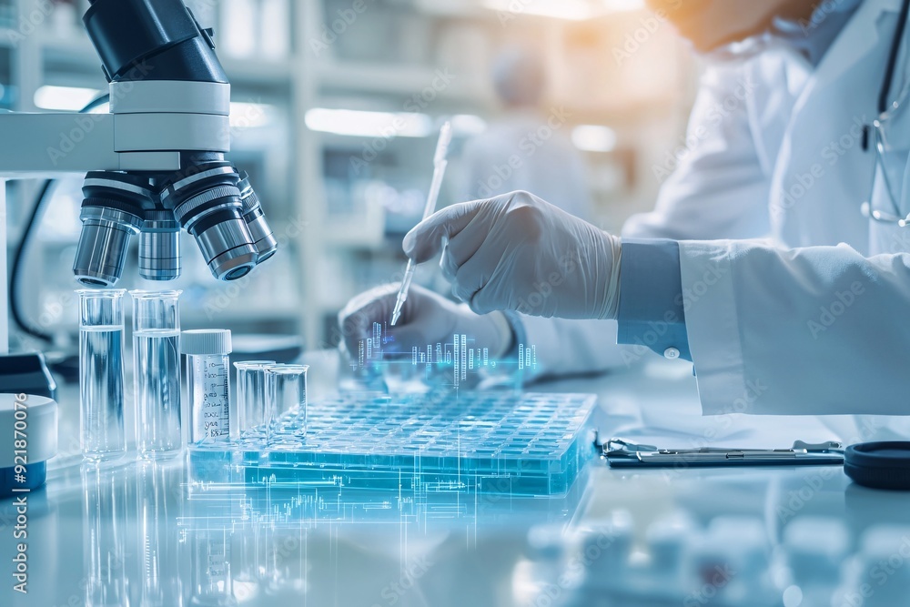 Horizontal editorial photograph focusing on the intersection of finance and healthcare, with biotech research labs, investor charts, and global health trends in the background Horizontal editorial photograph focusing on the intersection of finance and healthcare, with biotech research labs, investor charts, and global health trends in the background