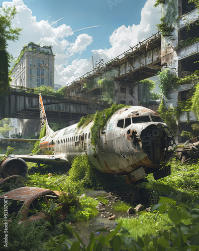 Wallpaper Mural Post-Apocalyptic Cityscape with Abandoned Airplane Torontodigital.ca