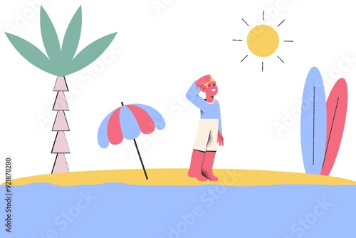 Holiday-maker standing on beach and protecting face from sun