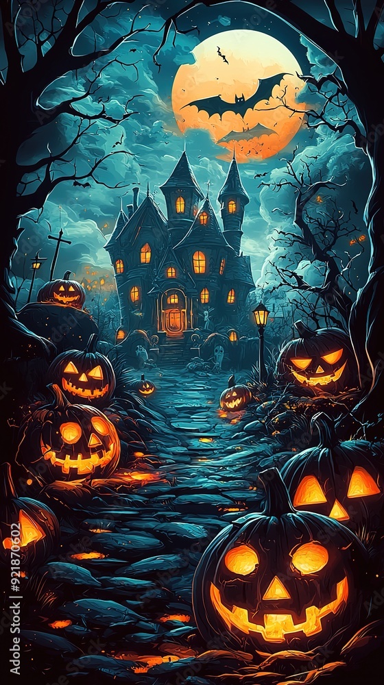 Fototapeta premium halloween poster, glowing pumpkins against the backdrop of a gothic castle, moon and cemetery with bats