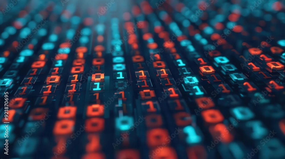 Vibrant array of binary code in red and blue hues, representing data flow and digital technology in a futuristic style. Vibrant array of binary code in red and blue hues, representing data flow and digital technology in a futuristic style.