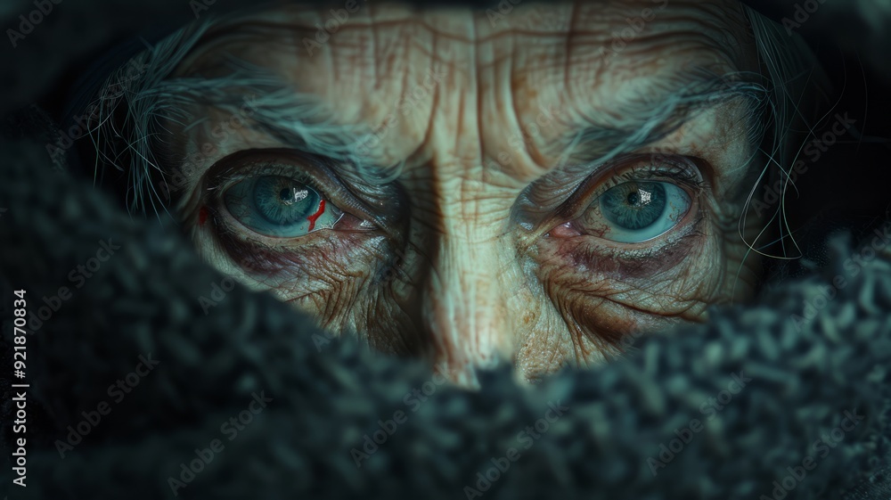 An elderly individual gazes intensely, their striking blue eyes filled with stories and emotions, framed by dark fabric in a dimly lit setting