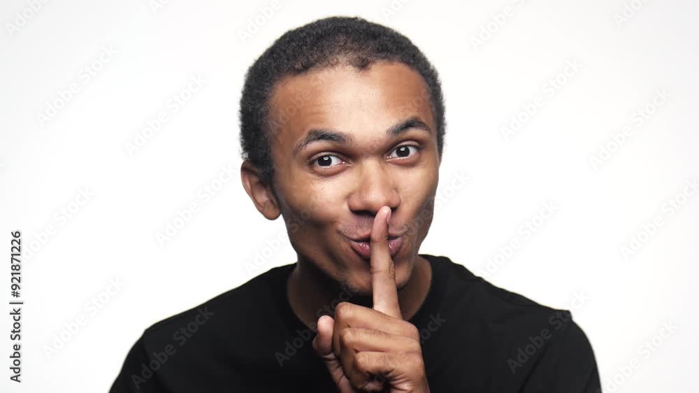 Man Gesturing for Silence with Finger on Lips n White Background Man Gesturing for Silence with Finger on Lips n White Background